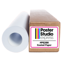 Roll of Poster Studio Express Coated Poster Paper with a glossy sheen, shown upright with its retail packaging box