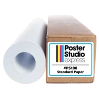 Roll of Poster Studio Express Standard Poster Paper with a flat matte finish, shown upright with its retail packaging box