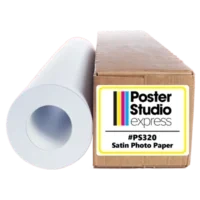 Roll of Poster Studio Express Satin Photo Paper with a soft satin sheen, shown upright with its retail packaging box